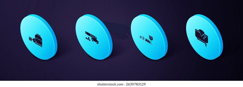 Set Isometric Pirate hat, Treasure and riches, Cannon with cannonballs and game dice icon. Vector