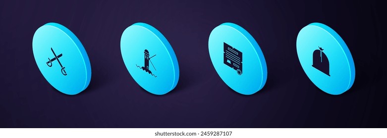 Set Isometric Pirate sack, Decree, parchment, scroll, Lighthouse and Crossed pirate swords icon. Vector