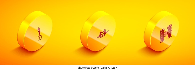Conjunto de espada pirata isométrica, sombrero e icono de binoculares. Vector