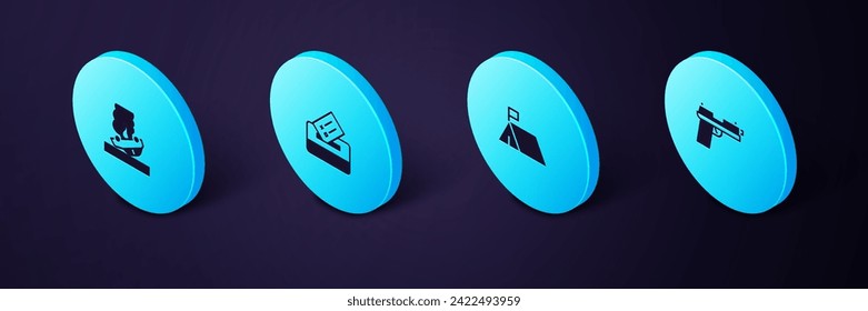Set Isometric Pistol or gun, Protest camp, Vote box and Burning car icon. Vector