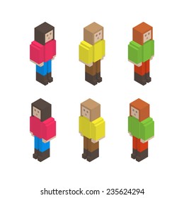 Set of isometric pixel art style girls