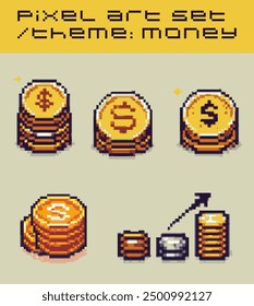 A set of isometric pixel-art elements illustrating gold coins in cartoon style, perfect for video game items.