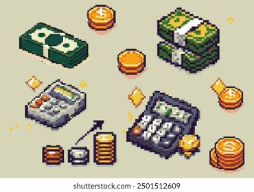 A set of isometric pixel-art elements illustrating the theme of money and finance. Images of coins and banknotes in cartoon style that are perfect for video game items.