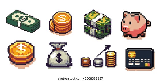 A set of isometric pixel-art elements illustrating the theme of money and finance. Images of coins and banknotes in cartoon style that are perfect for video game items.