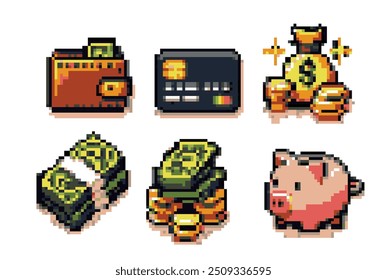 A set of isometric pixel-art elements illustrating the theme of money and finance. Images of coins and banknotes in cartoon style that are perfect for video game items.