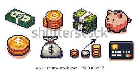 A set of isometric pixel-art elements illustrating the theme of money and finance. Images of coins and banknotes in cartoon style that are perfect for video game items.