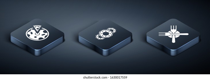 Set Isometric Pizza, Crossed fork and Donut with sweet glaze icon. Vector