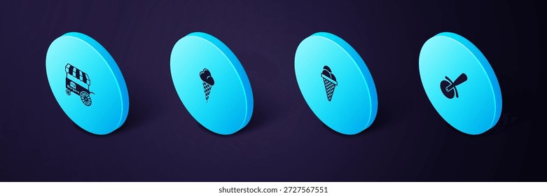 Conjunto de cuchillo de pizza isométrica, helado en cono de gofre e ícono de Carrito de comida rápida. Vector