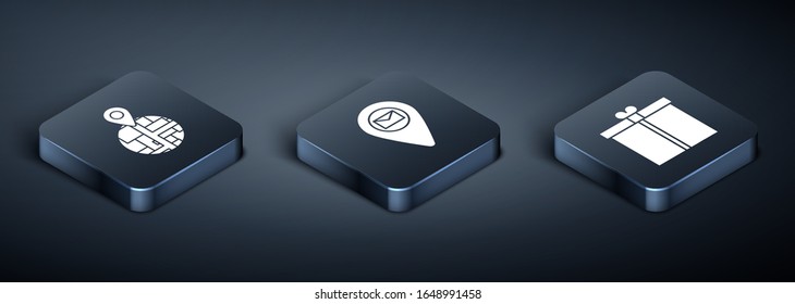Set Isometric Placeholder on map paper in perspective , Gift box  and Placeholder on map paper icon. Vector