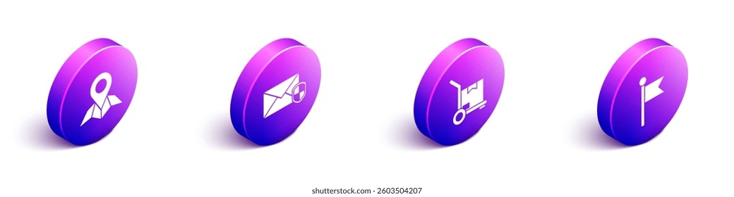 Set Isometric Placeholder on map paper, Envelope with shield, Hand truck and boxes and Location marker icon. Vector