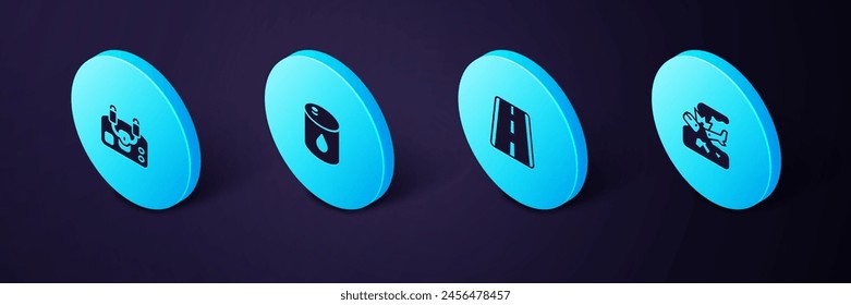 Set Isometric Plane crash, Airport runway, Barrel oil and Aircraft steering helm icon. Vector