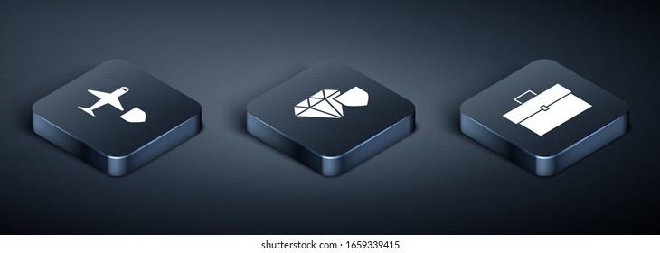 Set Isometric Plane with shield, Briefcase and Diamond with shield icon. Vector