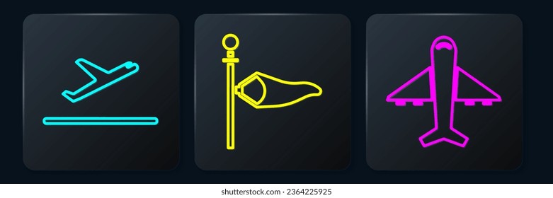 Set Isometric Plane takeoff, Plane and Cone meteorology windsock wind vane icon. Vector