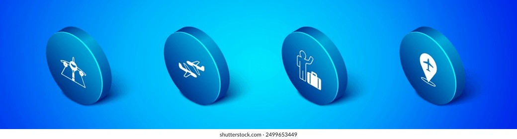 Conjunto de plano isométrico, turista con maleta e icono. Vector