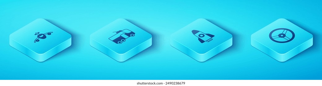 Set Isometric Plane, Trolleybus, Steering wheel and Rocket ship icon. Vector