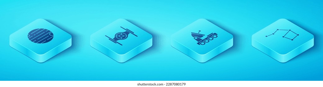 Fijar Planeta Isometric, nave cósmica, constelación de Oso Grande e icono del rompeolas de Marte. Vector