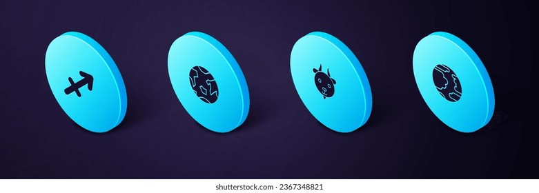 Set Isometric Planet Mercury, Aries zodiac, Earth and Sagittarius icon. Vector