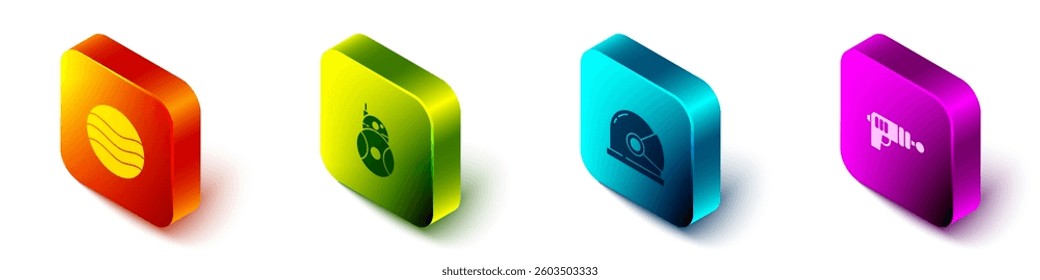 Set Isometric Planet, Robot, Astronaut helmet and Ray gun icon. Vector