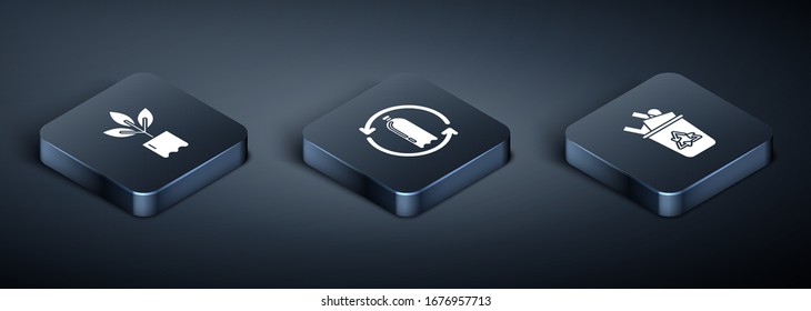 Set Isometric Plant in bottle, Recycle bin with recycle symbol and Recycling plastic bottle icon. Vector