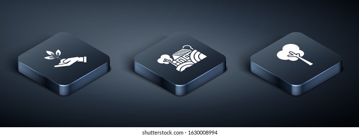 Set Isometric Plant in hand of environmental protection, Tree and Farm House concept icon. Vector