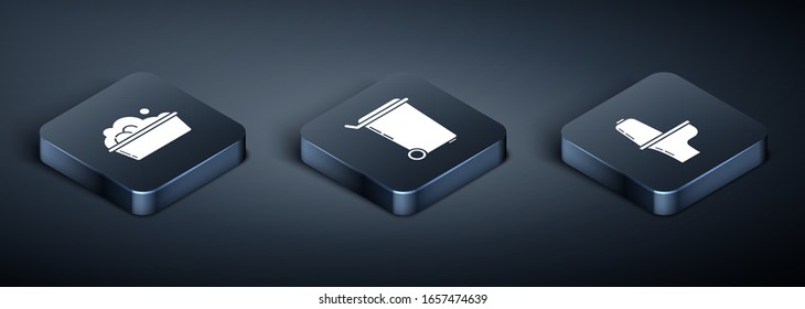 Isometrisches Plastikbecken mit Seifensuds , Toilettenschüssel und Mülleimer-Symbol. Vektorillustration