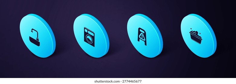 Set Isometric Plastic basin with soap suds, Wet floor and cleaning progress, Washer and Washbasin water tap icon. Vector