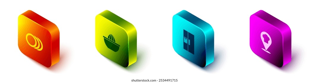 Set Isometric Plate, Citrus fruit juicer, Refrigerator and Chef hat with location icon. Vector