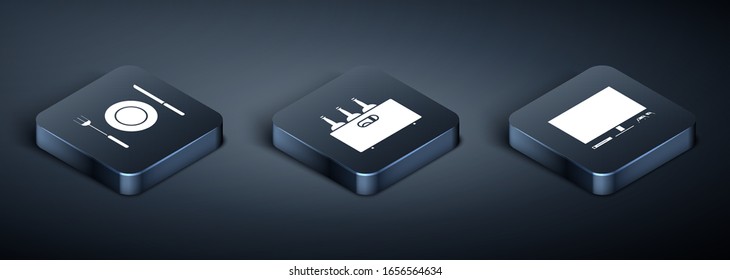 Ponga la Placa Isométrica, la bifurcación y el cuchillo , Videoconsola y botellas de vino en un icono de caja de madera. Vector