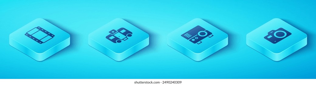 Set Isometric Play Video, Actor trailer, Photo camera and Media projector icon. Vector