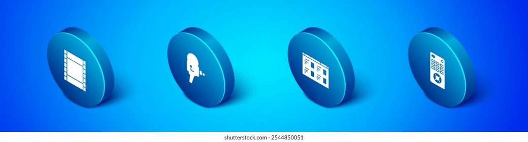Set Isometric Play Video, Online play video, Remote control and Retro cinema camera icon. Vector