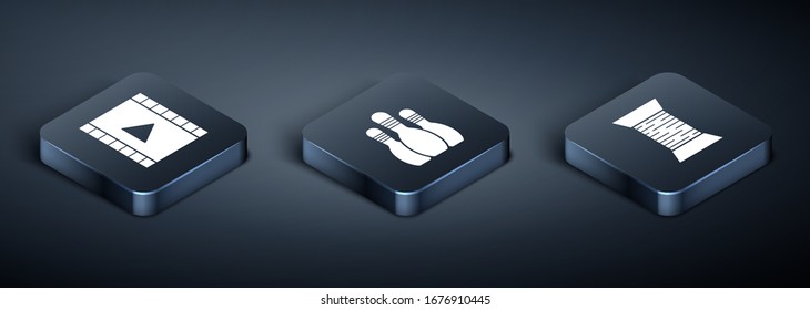 Set Isometric Play Video, Sewing thread on spool and Bowling pin icon. Vector