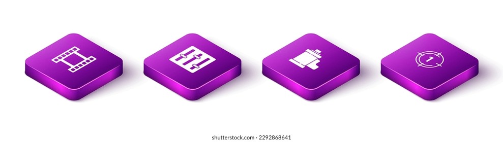 Set Isometric Play Video, Sound mixer controller, Camera film cartridge and Old movie countdown frame icon. Vector