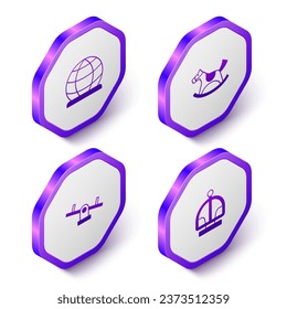 Set Isometric Playground climbing equipment, Horse saddle swing, Seesaw and Attraction carousel icon. Purple hexagon button. Vector