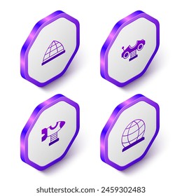 Set Isometric Playground climbing equipment, Swing car, plane and  icon. Purple hexagon button. Vector