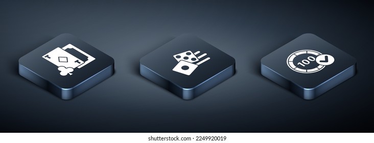 Set Isometric Playing card with diamonds, Casino chips and Game dice icon. Vector