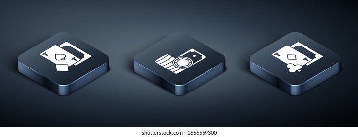 Set Isometric Playing card with spades, Playing card with diamonds and Casino chips and stacks money cash icon. Vector