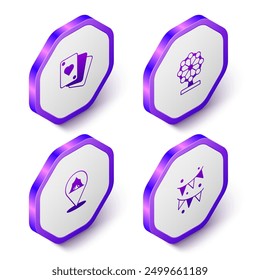 Set Isometric Playing cards, Ferris wheel, Circus tent and Carnival garland with flags icon. Purple hexagon button. Vector