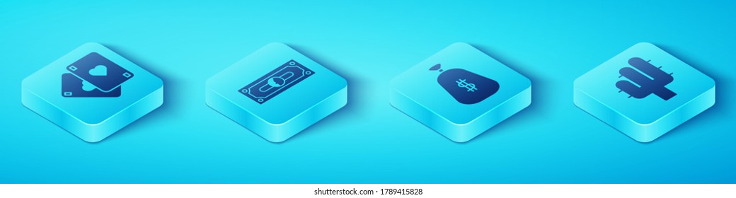 Set Isometric Playing cards, Stacks paper money cash, Cactus and Money bag icon. Vector