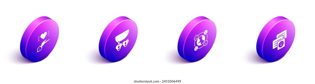 Conjunto Isométrico Agradable relación, collar con forma de corazón, comunidad internacional y chat mensajes icono portátil. Vector