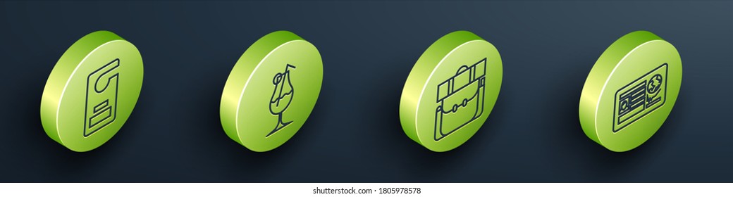 Set Isometric Please do not disturb, Cocktail and alcohol drink, Hiking backpack and Passport with visa stamp icon. Vector