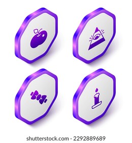 Set Isometric Poison apple, All-seeing eye of God, Bow tie and Burning candle icon. Purple hexagon button. Vector