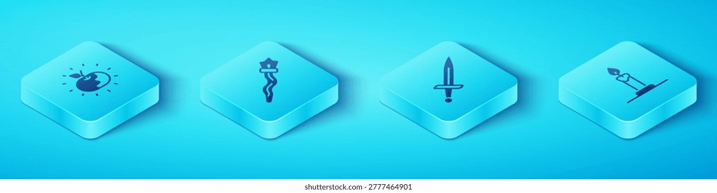 Set Isometric Poison apple, Magic staff, Burning candle in candlestick and Dagger icon. Vector