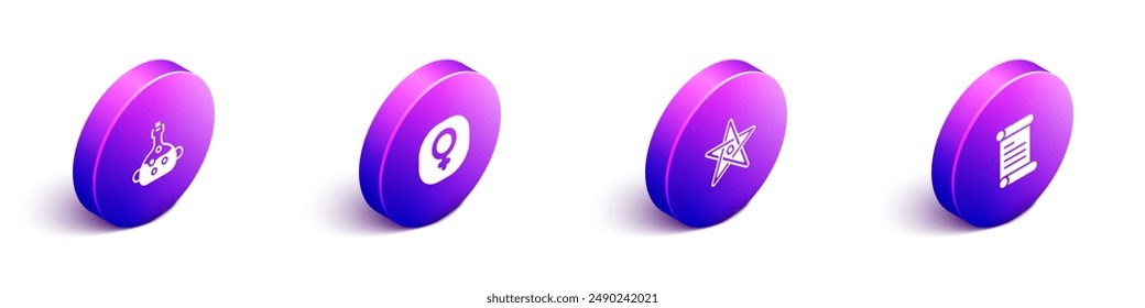 Set Isometric Poison in bottle, Venus, Pentagram and Decree, parchment, scroll icon. Vector