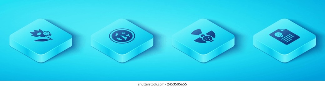 Set Isometric Poison flower, Petri dish with bacteria, Radiation warning document and Radioactive icon. Vector