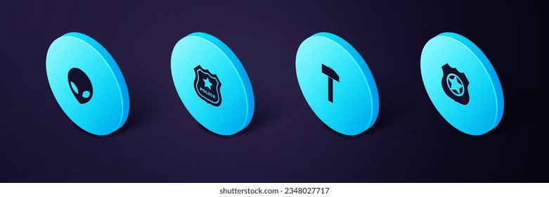 Set Isometric Police badge, Hammer,  and Alien icon. Vector