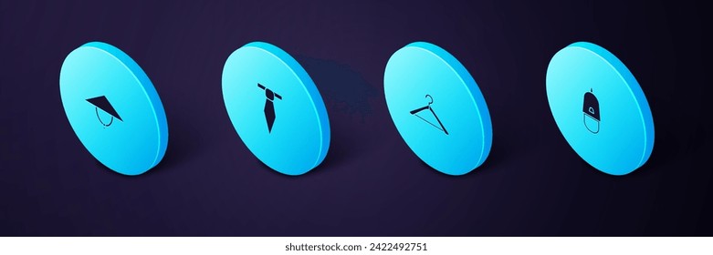 Set Isometric Police cap with cockade, Hanger wardrobe, Tie and Asian conical hat icon. Vector