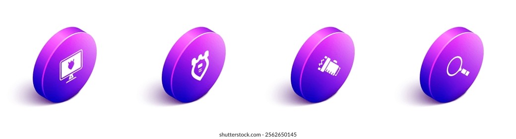 Set Isometric Police database, badge, electric shocker and Magnifying glass with search icon. Vector