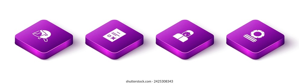 Set Isometric Police helmet, Poll document, Censor and freedom of speech and Lying burning tires icon. Vector