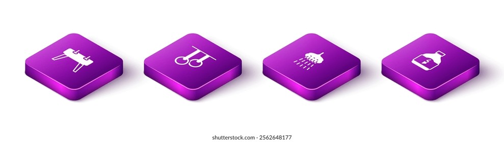 Set Isometric Pommel horse, Gymnastic rings, Shower and Sports nutrition icon. Vector