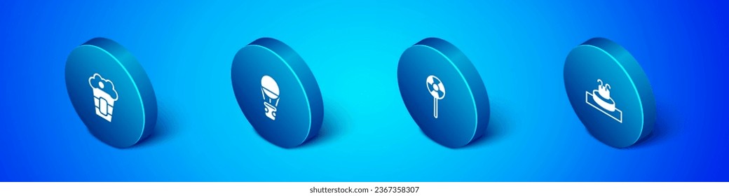 Set Isometric Popcorn in box, Lollipop, Fountain and Hot air balloon icon. Vector